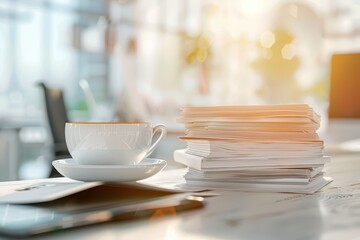 A serene workspace featuring a cup of coffee, stacks of documents, and a sleek tablet, perfect for productivity and focus.