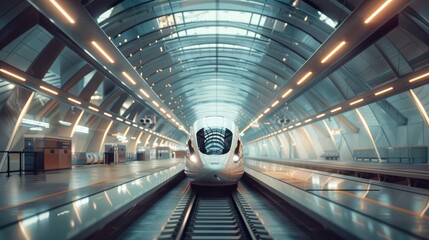 Obraz premium A sleek high-speed train waits at a modern station, showcasing innovative architecture and bright, futuristic interior design.