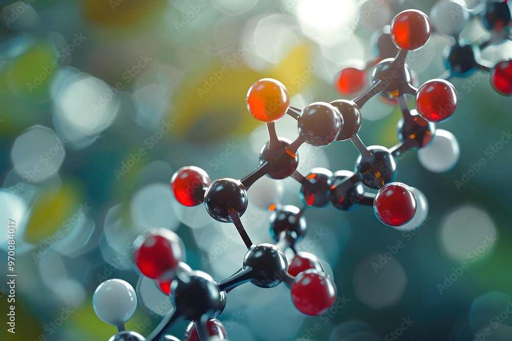 Poster intricate molecular structure with vibrant atoms against a soft focus background