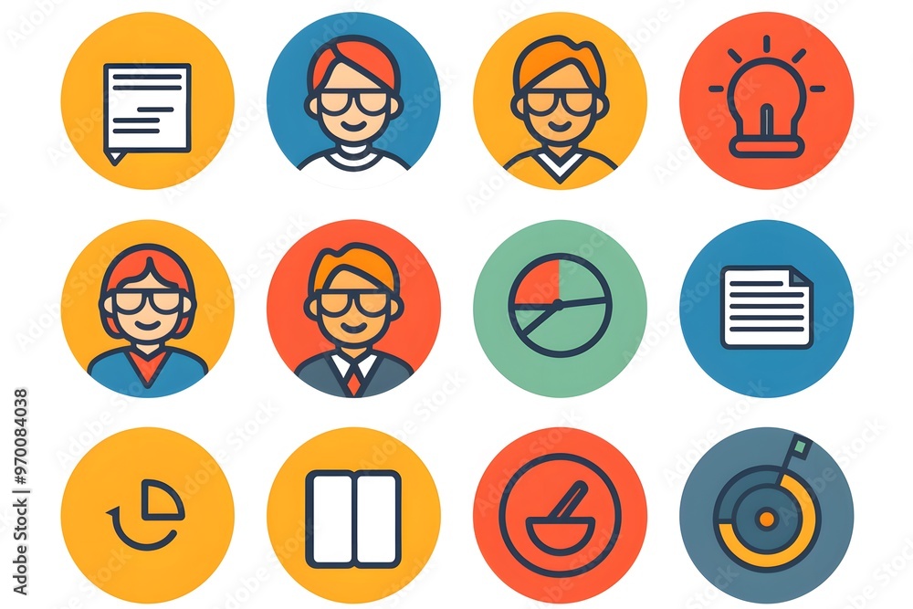 Poster colorful icons representing various professional skills and concepts
