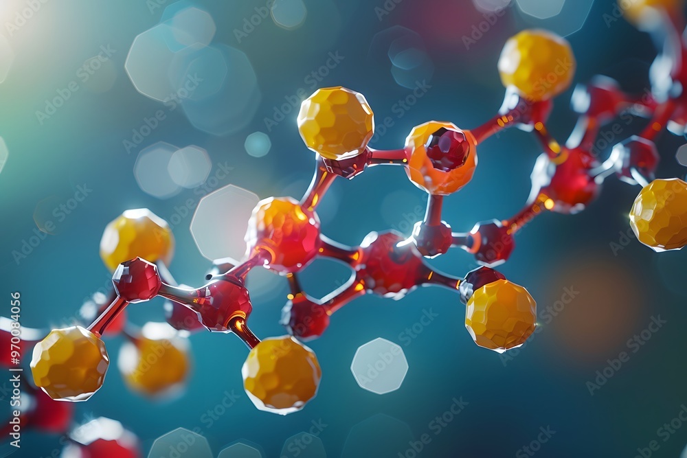Poster vibrant molecular structure with colorful atoms and bokeh background