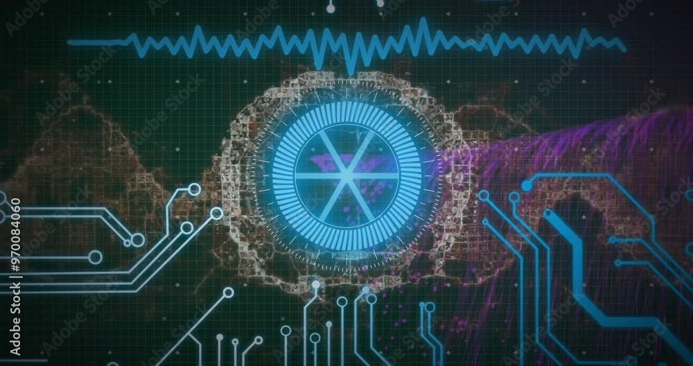 Poster animation of digital data processing over dna strand and computer circuit board