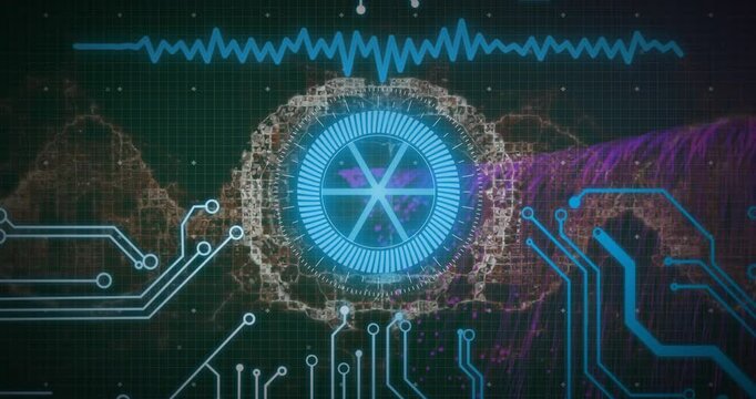 Animation of digital data processing over dna strand and computer circuit board - Powered by Adobe