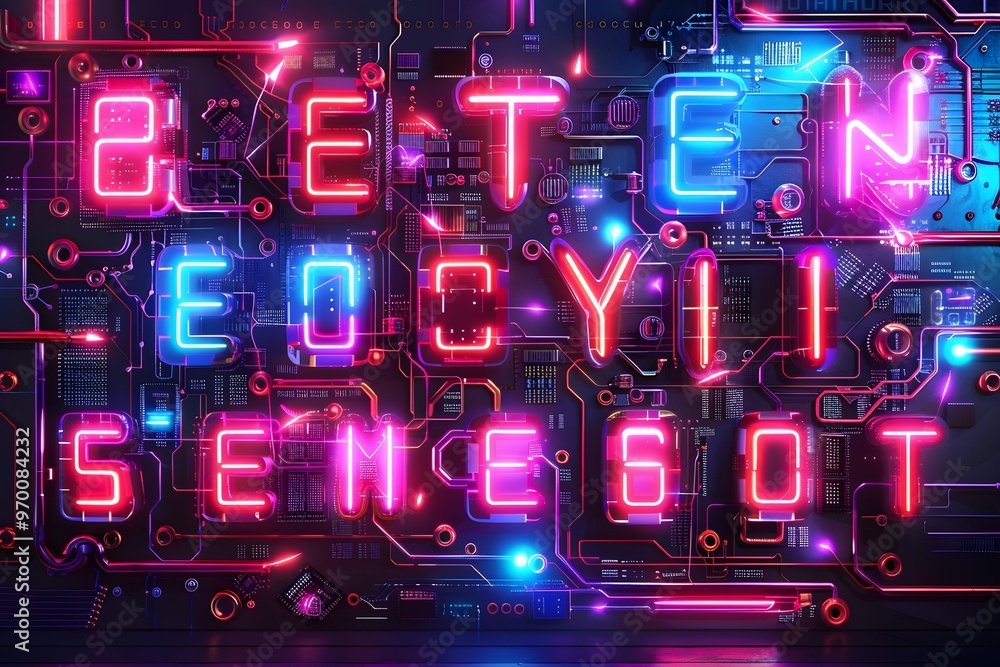 Poster neon circuitry with glowing letters on a tech background