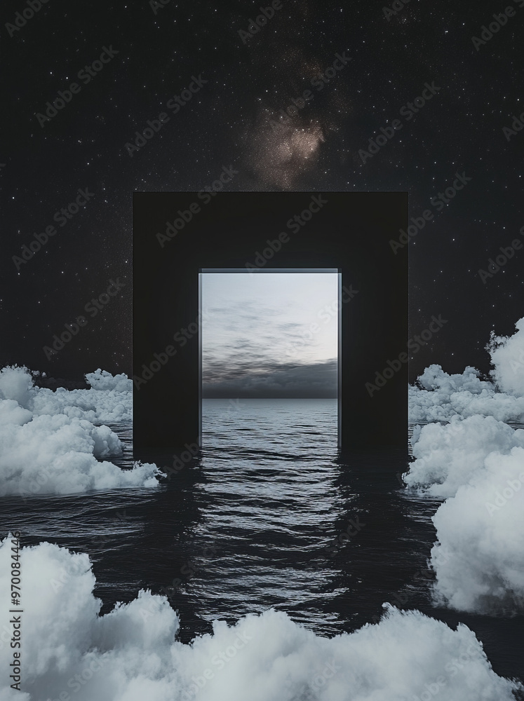 Poster surreal portal with ocean view through a square opening, surrounded by clouds and starry sky