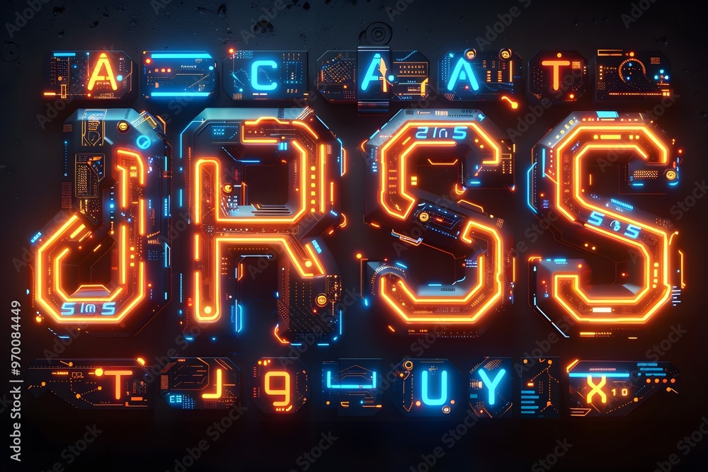 Poster futuristic neon typography with circuit patterns