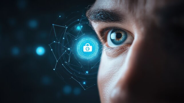 Close-up of a blue eye with a digital lock icon