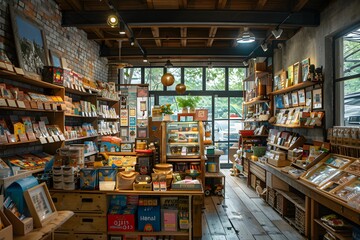 Fototapeta premium Cozy Bookstore Filled with Colorful Books and Unique Gifts