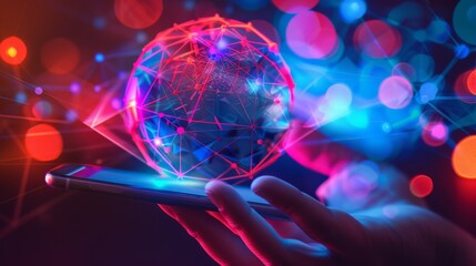 Businessman holding smartphone with hologram of digital world expanding from it