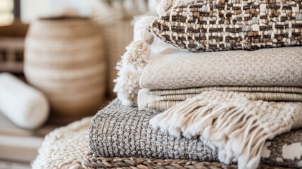 Stack of Soft, Neutral-Colored Woven Blankets and Pillows