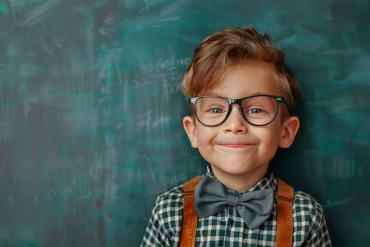 A boy in a plaid shirt smiles at a school blackboard