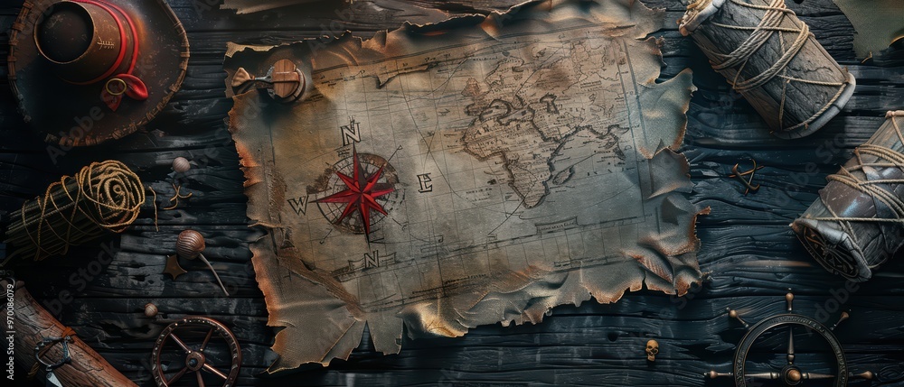 Poster an ancient treasure map rests on a wooden table, surrounded by navigation tools and ropes, evoking a