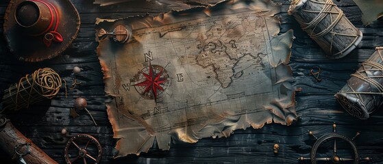 An ancient treasure map rests on a wooden table, surrounded by navigation tools and ropes, evoking adventure and exploration.