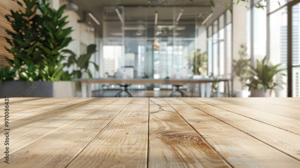 Poster bright and modern workspace with wooden table and lush plants creating a serene atmosphere for produ