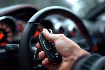 Close-up of a hand holding a car key fob, ready to start the vehicle. Dashboard and steering wheel are visible.