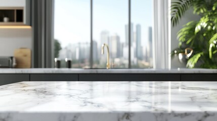 Marble Countertop in a Modern Kitchen with City View