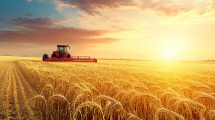 Fototapeta premium Red Tractor Harvesting Wheat at Sunset