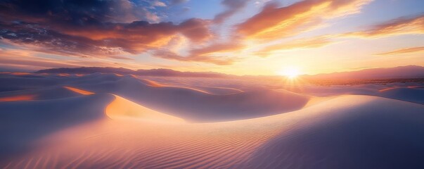Desert dunes at sunset with dramatic sky and sun beams, serene landscape. Nature and tranquility concept