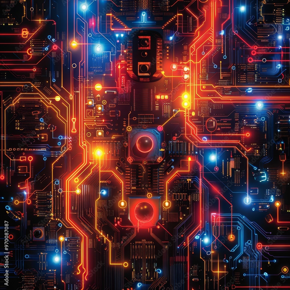 Poster electronic circuit board showing futuristic technology with glowing processor