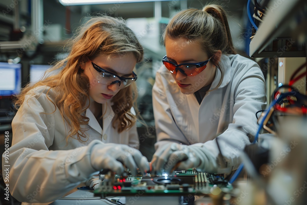 Poster young scientists collaborating on circuit board in a high-tech lab