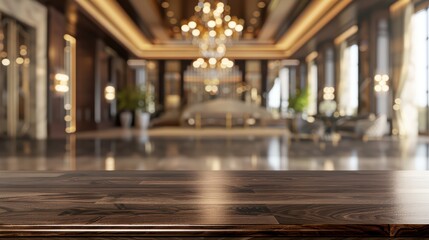 Fototapeta premium Elegant wooden table surface with a blurred luxury hotel interior in the background, showcasing opulence and sophistication.