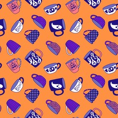 Halloween monsters seamless cups with ghost and skulls and candy pattern