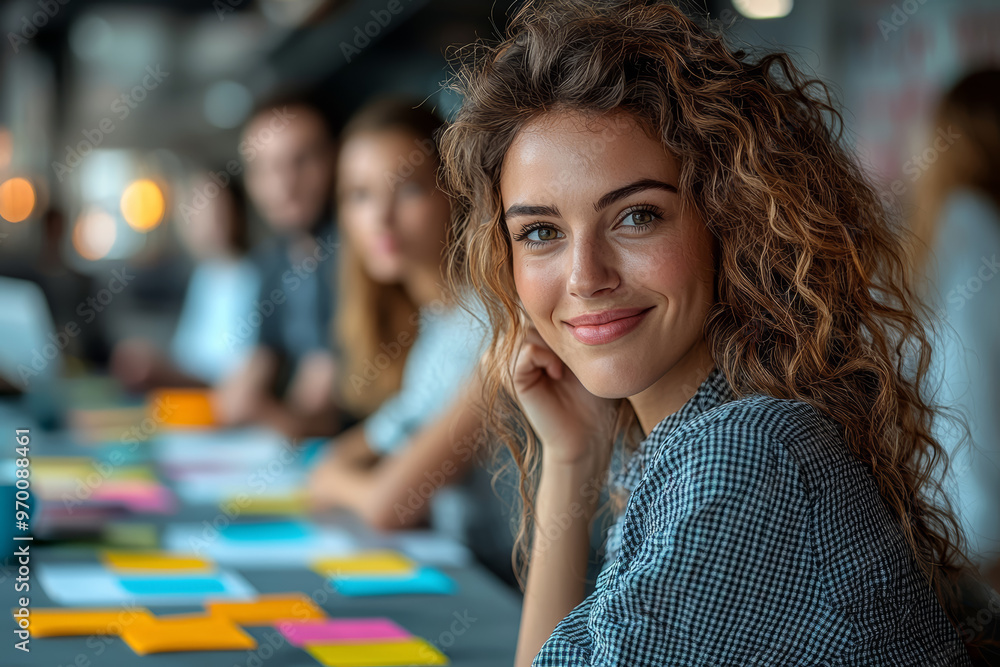 Wall mural a group of professionals participating in a creative brainstorming session, using colorful post-it n