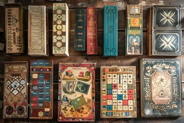Vintage Game Boxes Displayed on a Rustic Wooden Surface