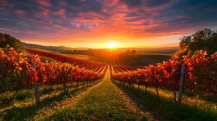 Fototapeta premium A serene sunset over a vineyard in autumn with the grapevines turning shades of red and gold and the sun casting a warm light over the rolling hills.
