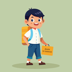 vector portrait of school boy wearing bag, and pick sign board of 