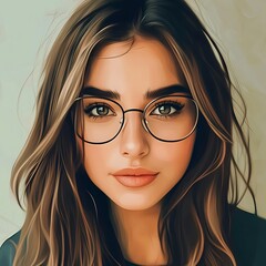 Fototapeta premium Portrait of a young woman with brown hair and round glasses. Vector illustration of a cute girl with long hair and beautiful eyes.