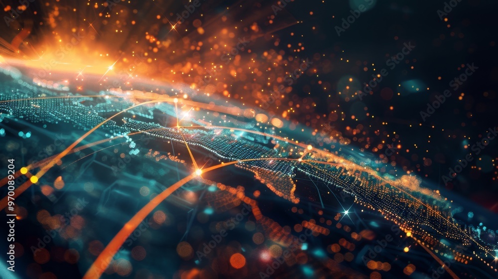 Poster global network connecting cities around the world with data transfer