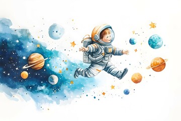 Naklejka premium A joyful watercolor poster featuring a happy little astronaut in space, perfect for children's rooms or educational settings, sparking imagination and adventure.