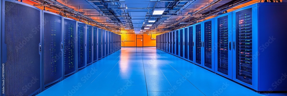 Poster data center technology, server room with racks, cloud storage, backup and computer system