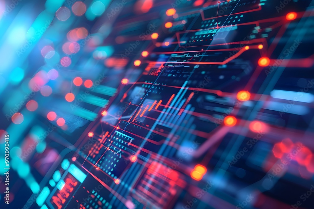 Poster futuristic digital circuit board with vibrant colors and complex patterns