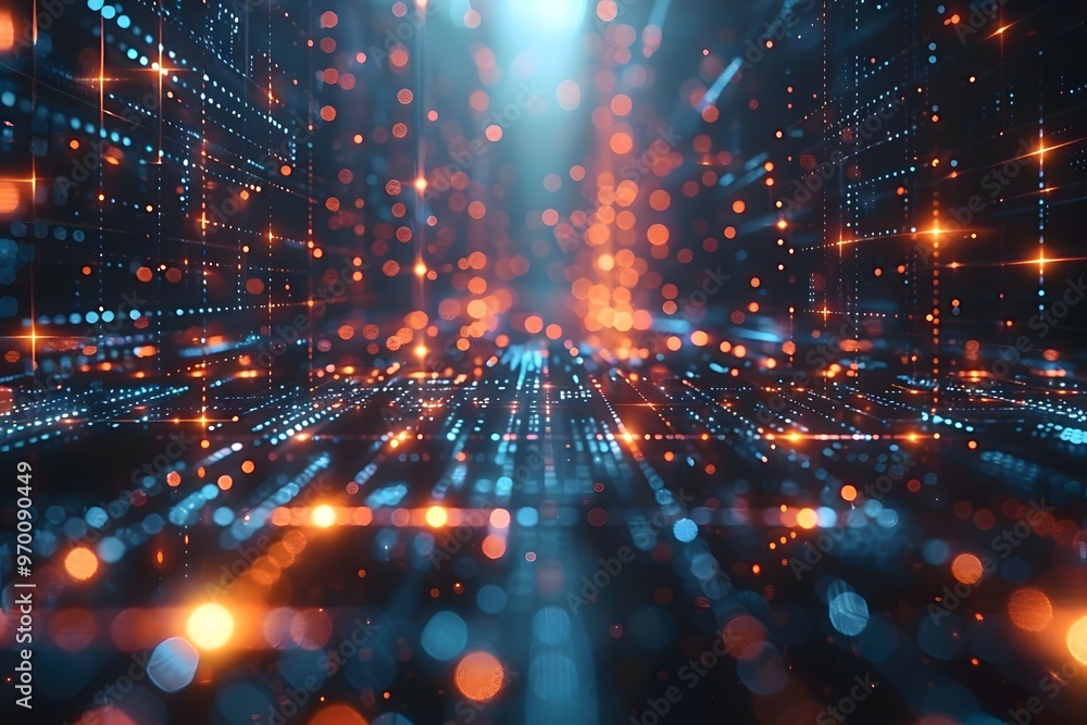 Poster vibrant digital landscape with glowing particles and data streams