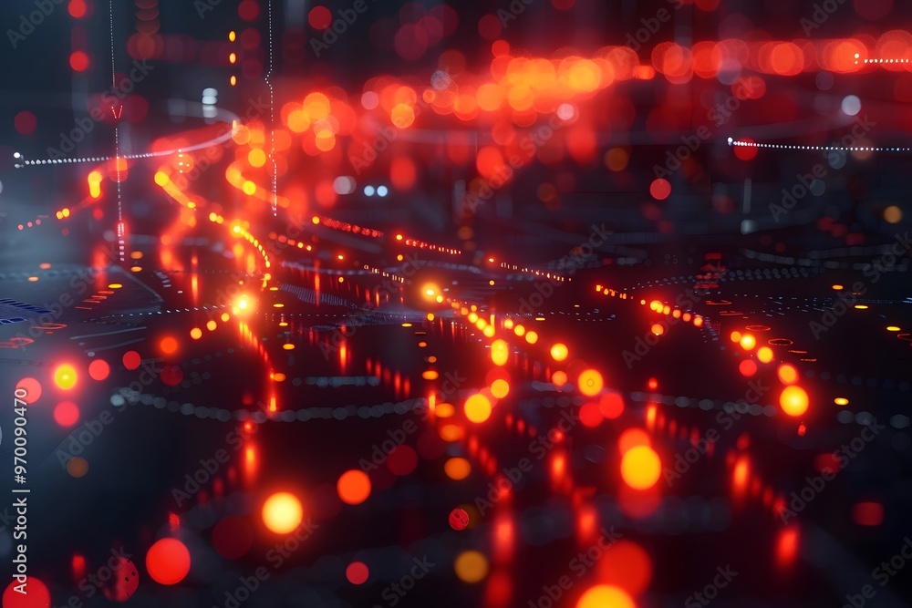 Poster dynamic digital landscape with glowing red lights and patterns
