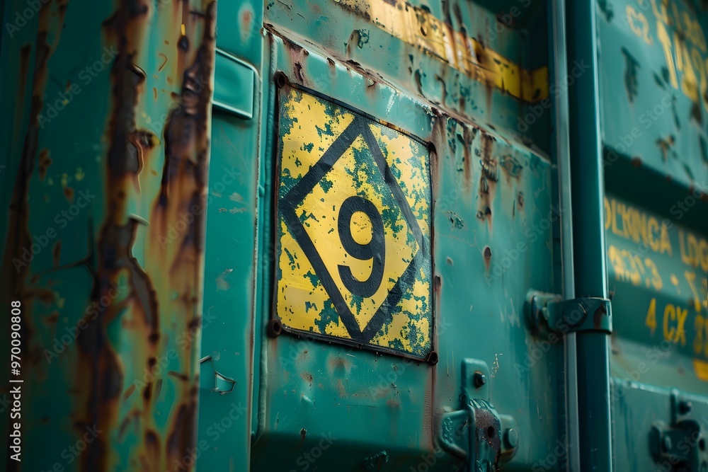 Poster weathered container with a distinctive number 9 signage