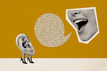 Composite photo collage of happy faceless huge mouth ear friends stand together conversation rumors...