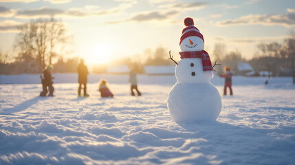Obraz premium A snowman standing proudly in a snowy field with children playing around under a bright winter sky.