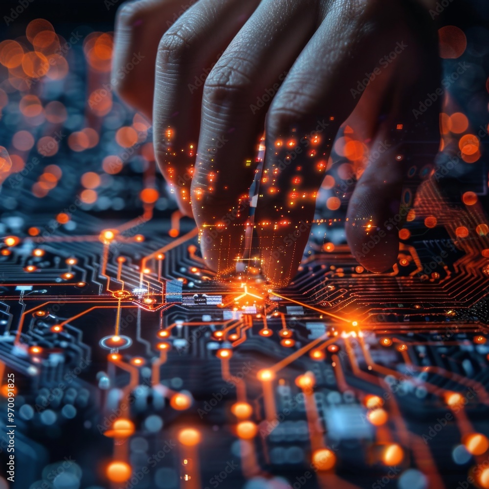 Poster hand touching a circuit board with glowing data flowing through fingertips