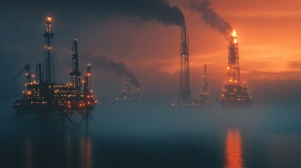 Obraz premium Oil Rigs at Sunset in a Foggy Sea