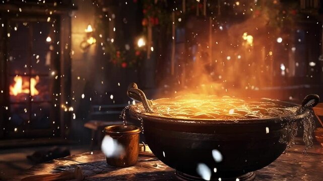Magic potion is simmering in a cauldron in a cozy christmas atmosphere, with a warm fireplace in the background and snow falling outside