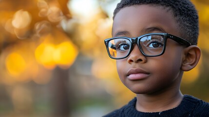 Thoughtful black young boy in glasses, seeing to side. Symbolizing awareness for Usher Syndrome,...