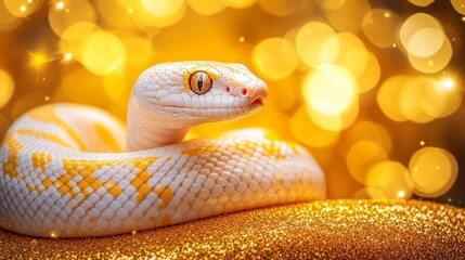 Fototapeta premium Albino Python on Gold Glitter, Symbolizing Luck and Prosperity in the Year of the Snake