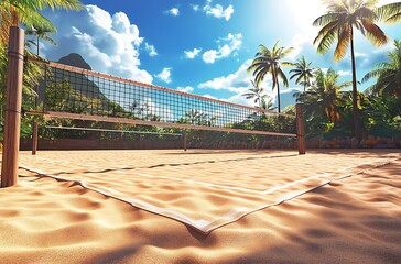 Tropical Beach Volleyball Court with Palm Trees and Blue Sky