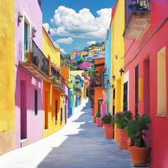 Obraz premium Vibrant Mexican Street Scene With Traditional Houses, Flower Pots, And Picturesque Sky View