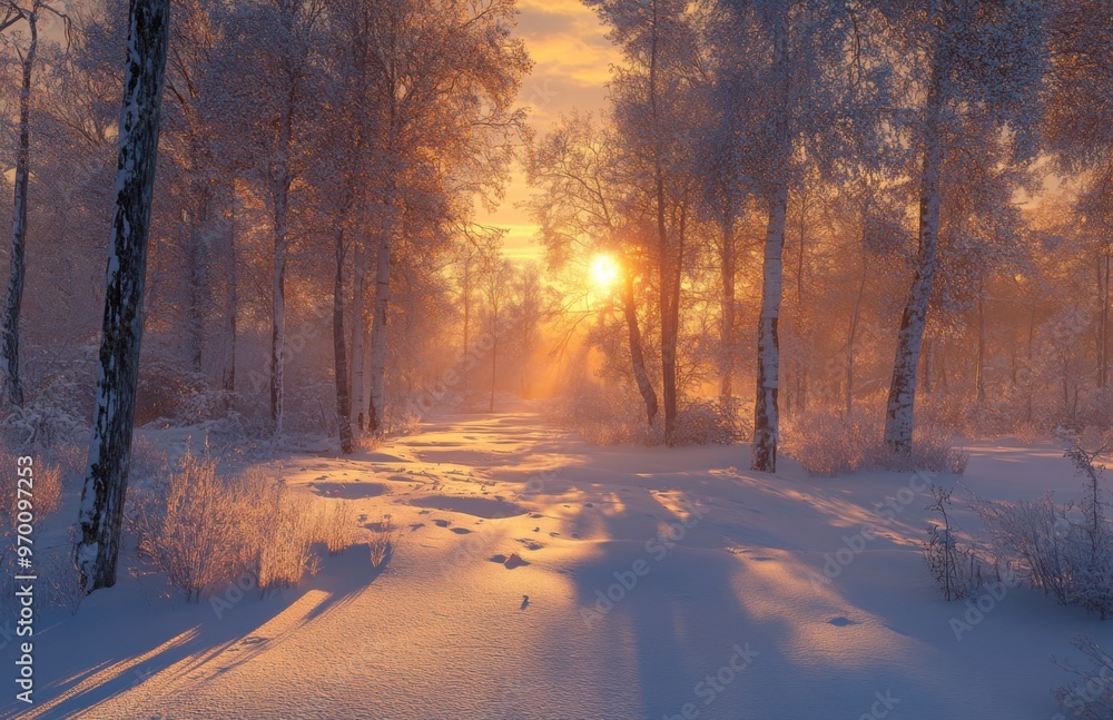 Poster  A serene winter landscape with snow-covered trees, the sun setting in the background casting long shadows and creating an ethereal atmosphere.