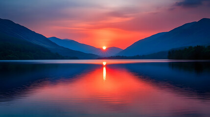 Fototapeta premium A sunset over a mountain lake with the sun setting behind the peaks and the water reflecting the deep blues and fiery reds of the sky.