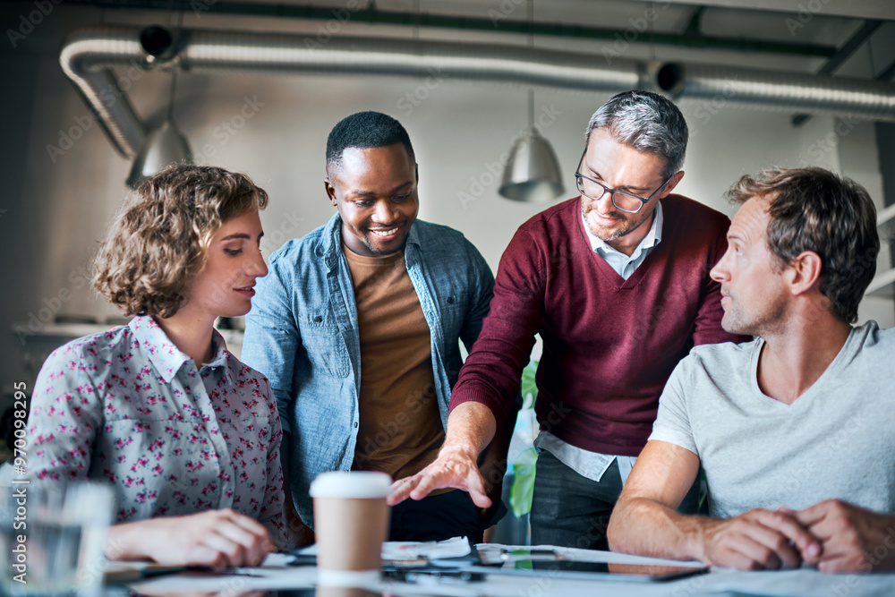 Poster creative, web design and people in startup planning with leader, teamwork or strategy paperwork. dev